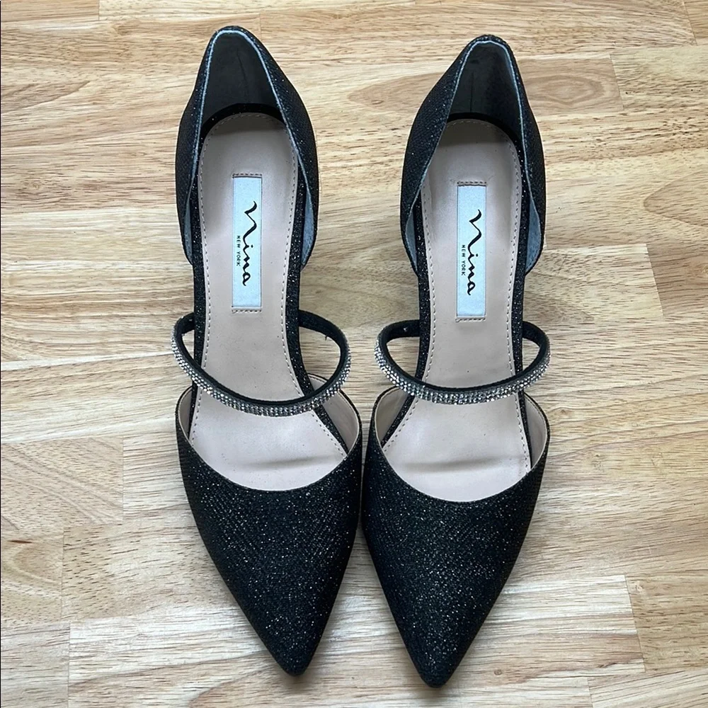 Nina 8.5 Black Glitter Brystol Black Metallic Crystal Band Women's Mid Heel Pump